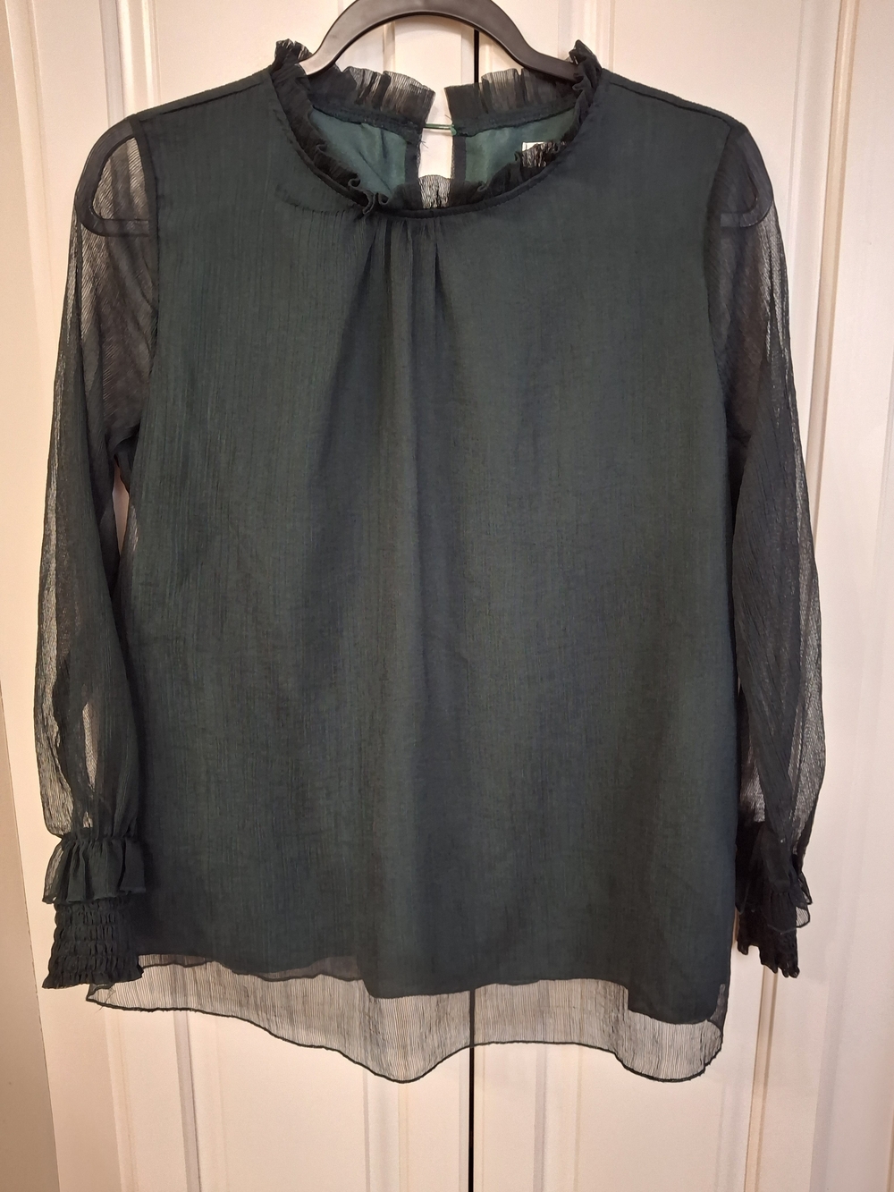 Dark Green Sheer Ruffle-Neck Blouse